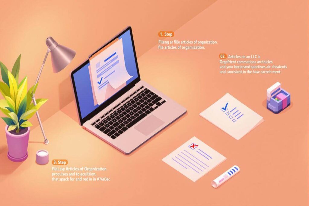 Laptop con documentos legales y checklist para completar los Articles of Organization y registrar una LLC en Estados Unidos.