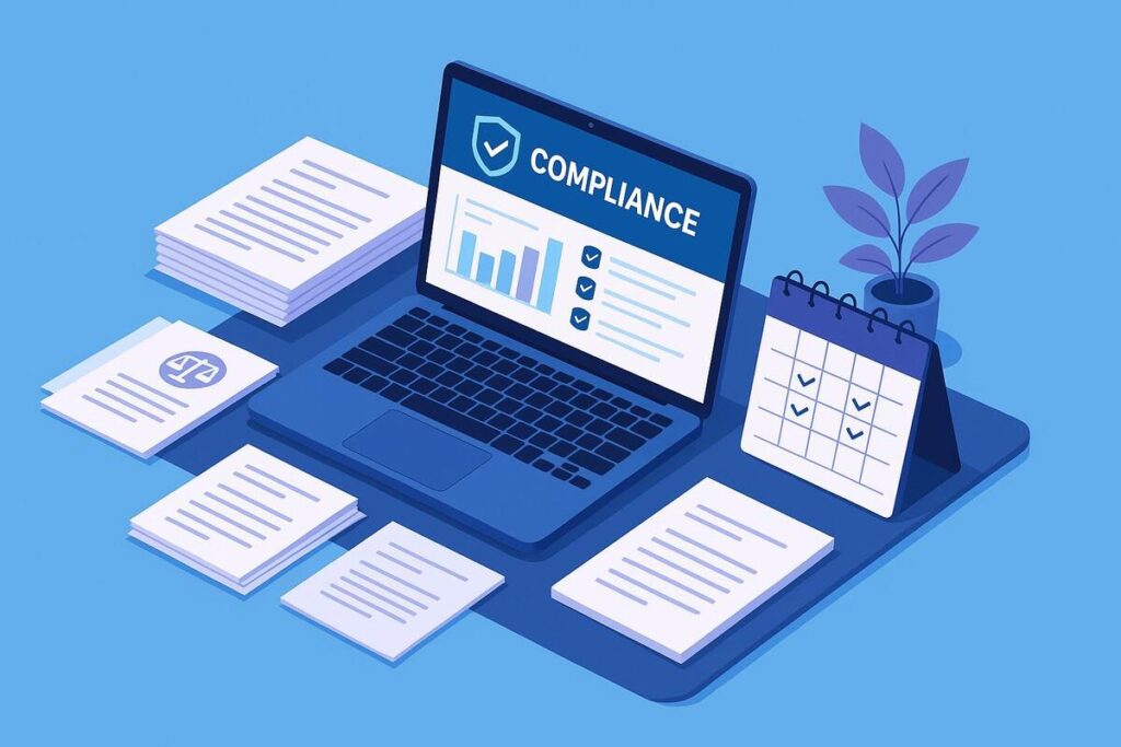 Laptop con documentos legales que representan los requisitos y papeles necesarios para crear una LLC en Estados Unidos.