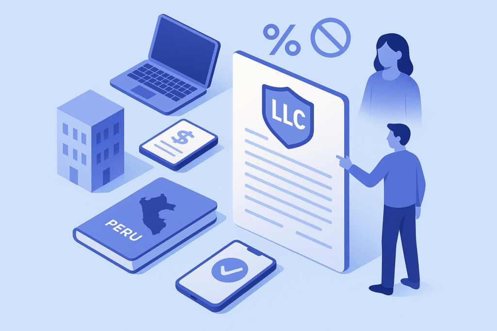 Ilustración isométrica sobre cómo abrir una LLC desde Perú y reducir la carga de impuestos SUNAT.