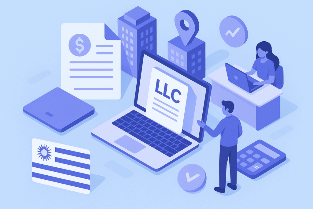 Ilustración isométrica sobre cómo abrir una LLC desde Uruguay con impuestos bajos y contabilidad simple.